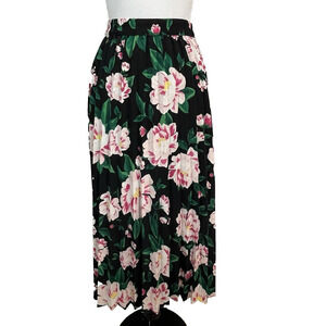 On 34th Skirt size Small Black Pink Green Floral Tulips Pleated Mid Tropical